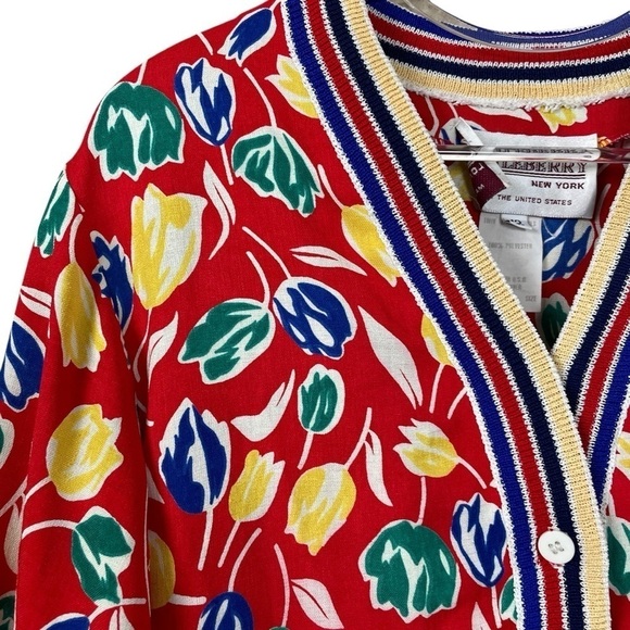 Castleberry Floral Tulips Lightweight Cardigan Sweater Red Blue Yellow Size 12 - Picture 4 of 10